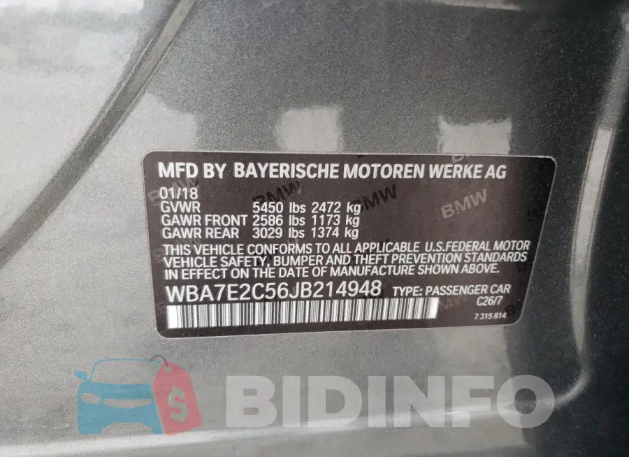 WBA7E2C56JB214948 Photo# 12