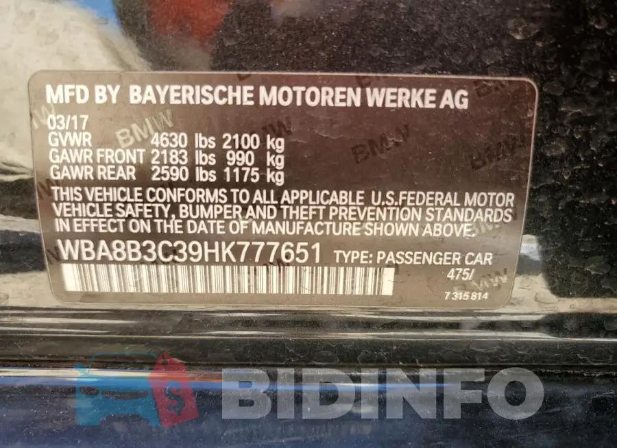WBA8B3C39HK777651 Photo# 13