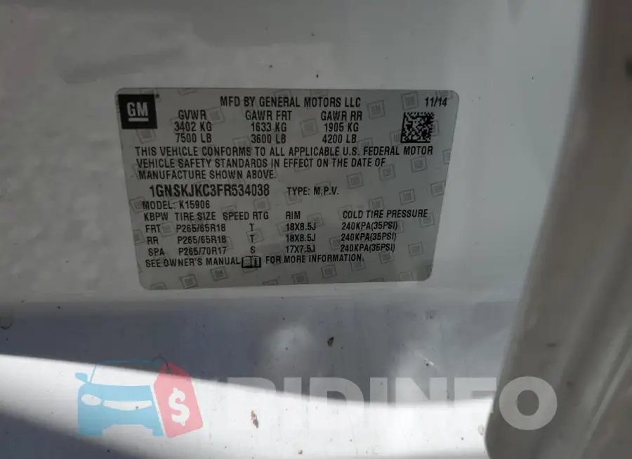 1GNSKJKC3FR534038 Photo# 13