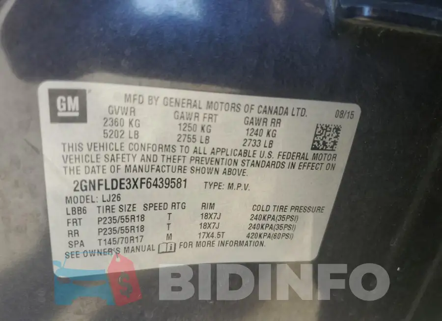 2GNFLDE3XF6439581 Photo# 13
