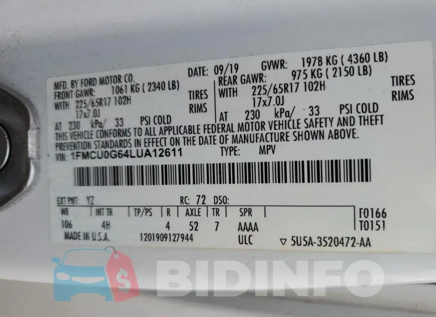 1FMCU0G64LUA12611 Photo# 14