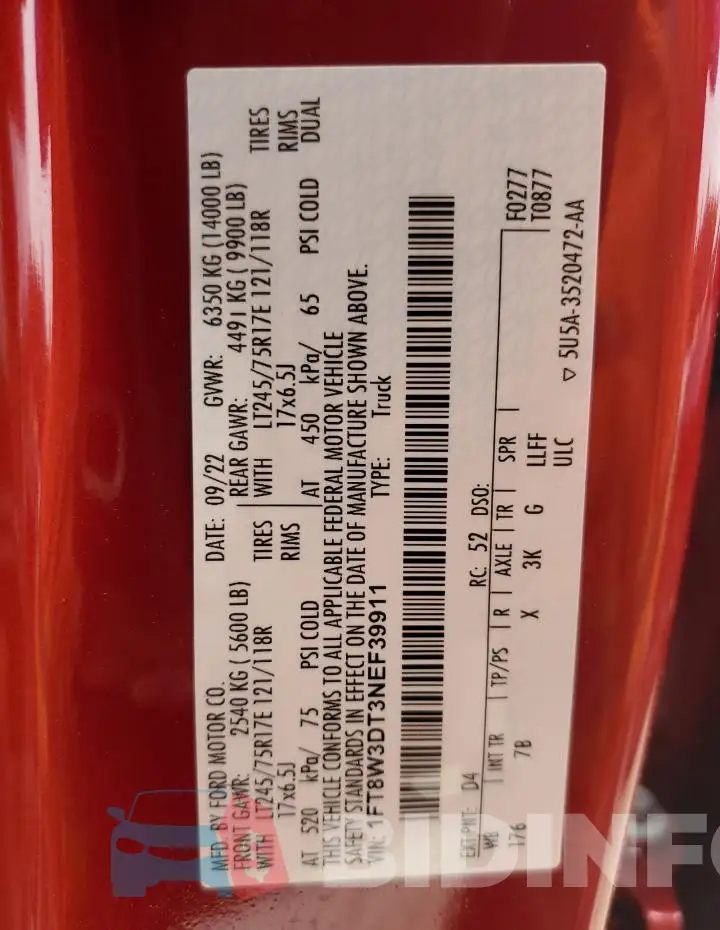 1FT8W3DT3NEF39911 Photo# 13