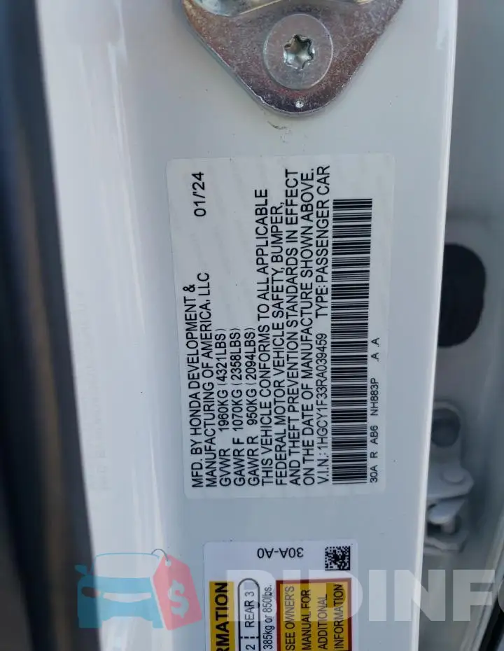 1HGCY1F33RA039459 Photo# 13