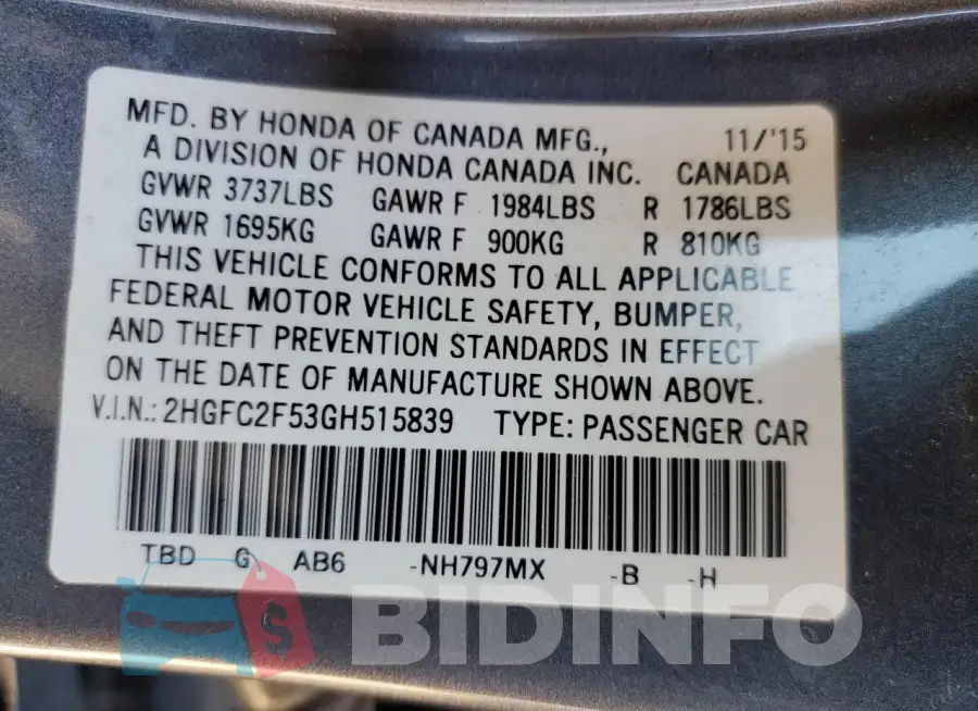 2HGFC2F53GH515839 Photo# 12