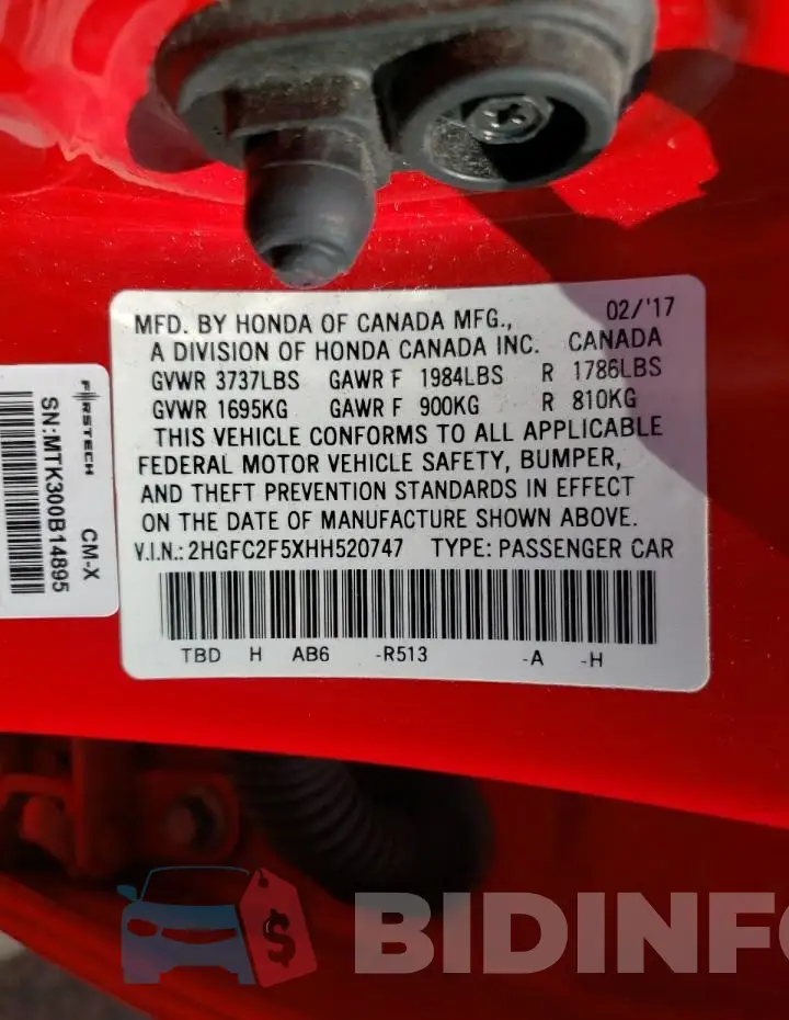 2HGFC2F5XHH520747 Photo# 13