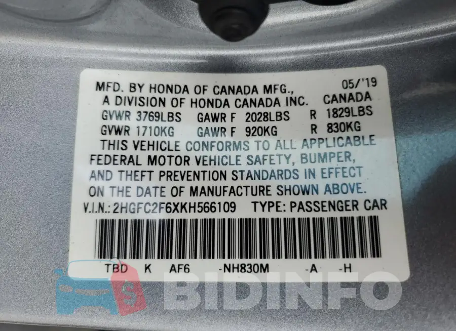 2HGFC2F6XKH566109 Photo# 12