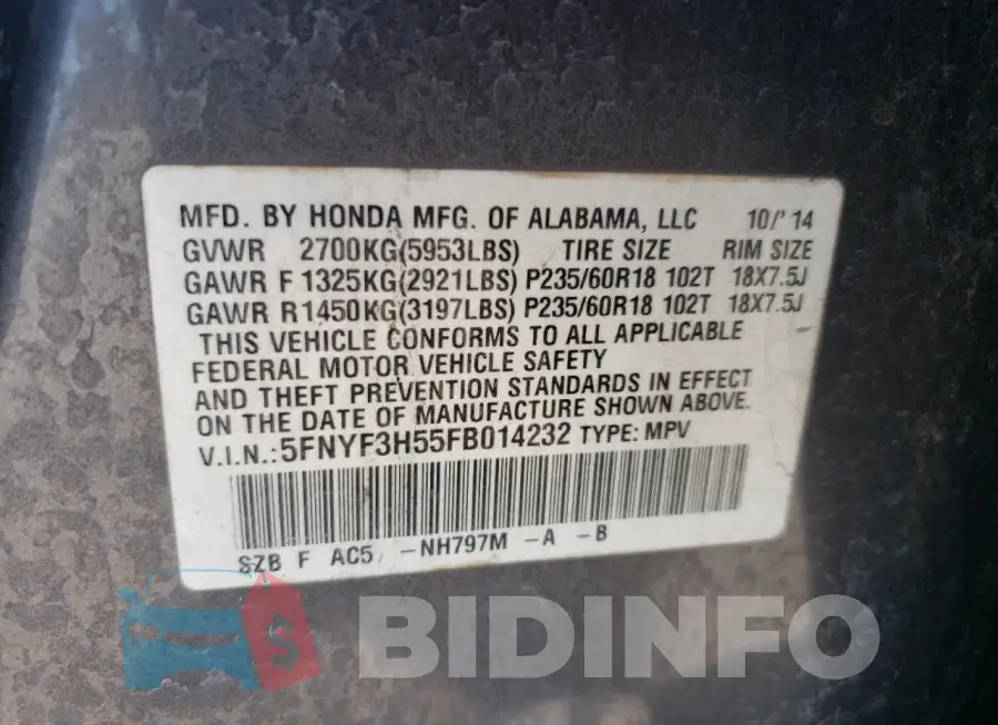 5FNYF3H55FB014232 Photo# 13