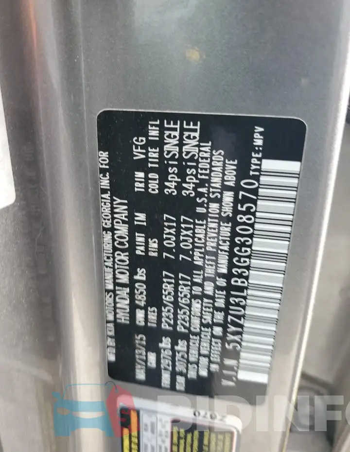 5XYZU3LB3GG308570 Photo# 13