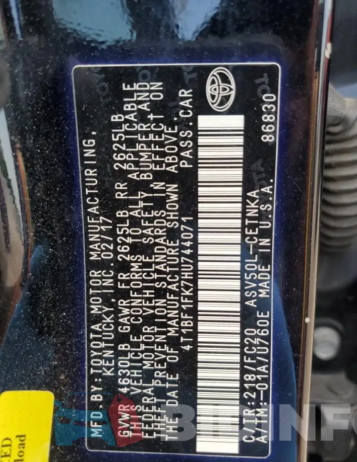 4T1BF1FK7HU744071 Photo# 12