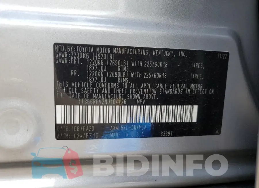 4T3B6RFV2NU104426 Photo# 13
