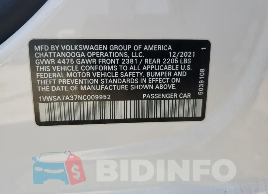1VWSA7A37NC009952 Photo# 12