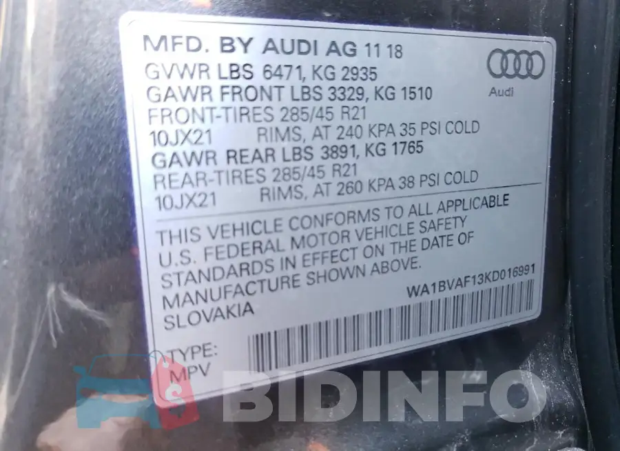 WA1BVAF13KD016991 Photo# 13