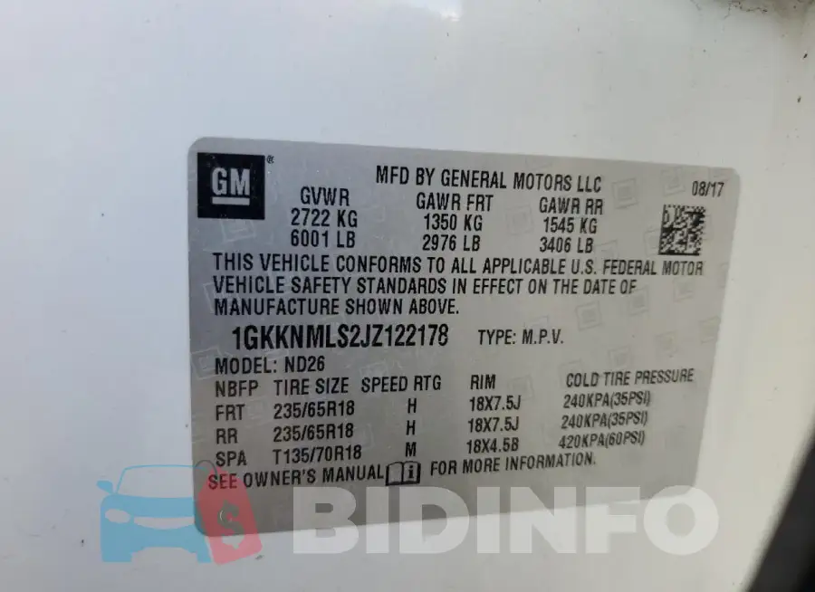 1GKKNMLS2JZ122178 Photo# 13