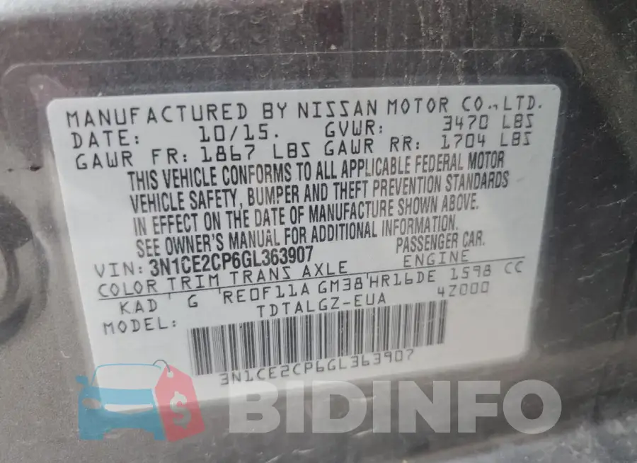 3N1CE2CP6GL363907 Photo# 13