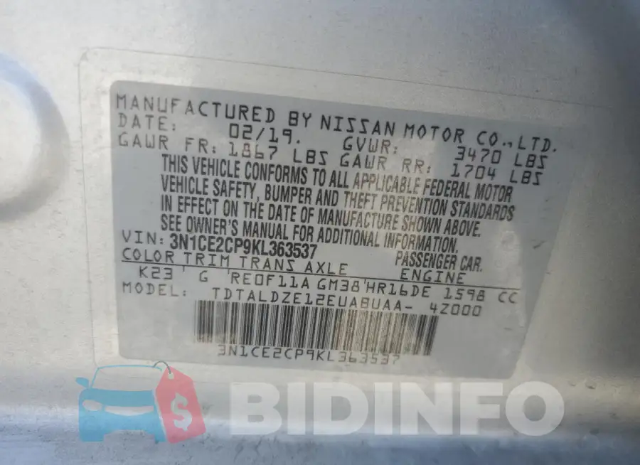 3N1CE2CP9KL363537 Photo# 12