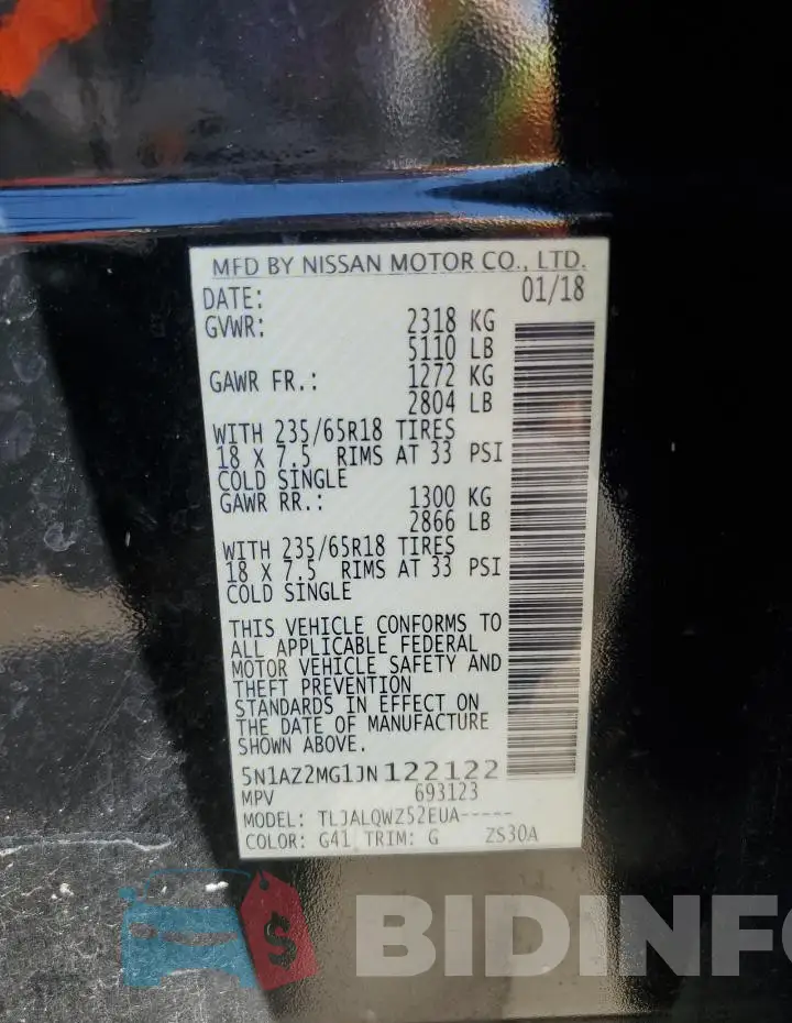 5N1AZ2MG1JN122122 Photo# 13