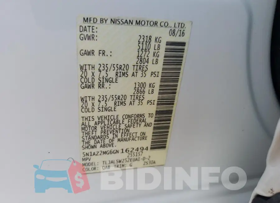 5N1AZ2MG6GN162494 Photo# 14