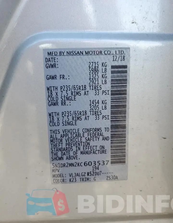 5N1DR2MN2KC603537 Photo# 13