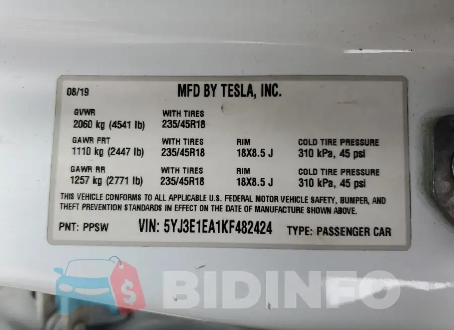 5YJ3E1EA1KF482424 Photo# 12