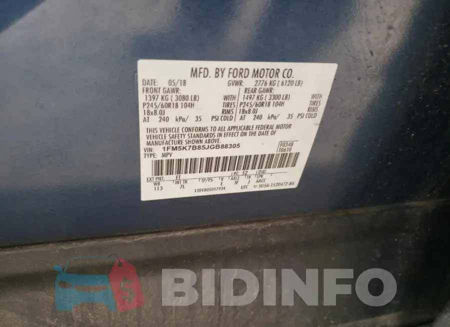 1FM5K7B85JGB88305 Photo# 13