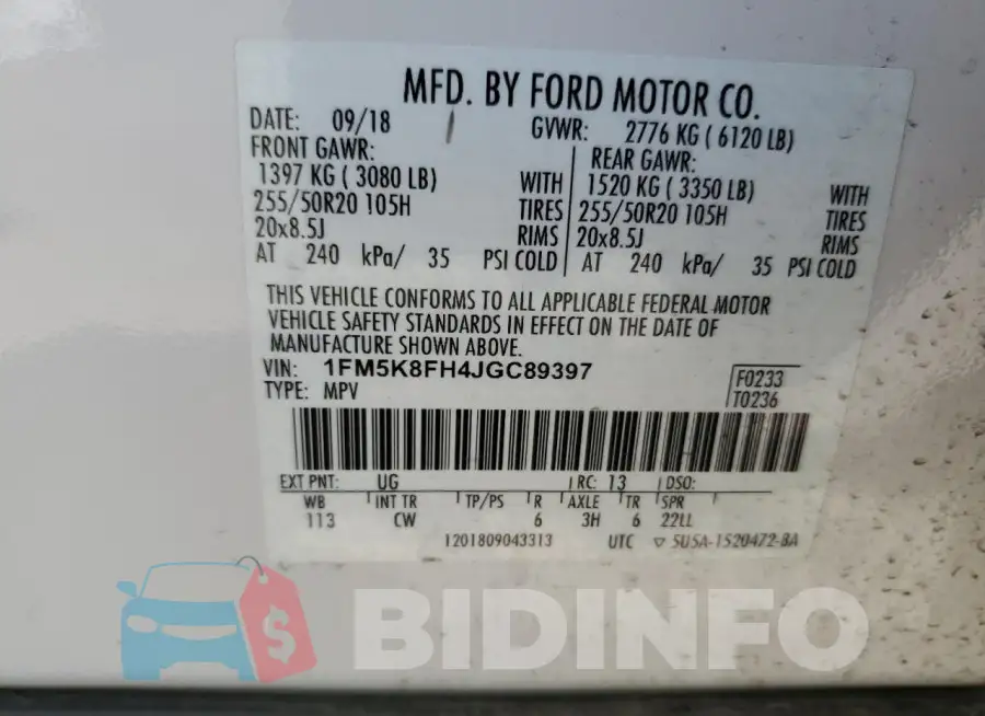 1FM5K8FH4JGC89397 Photo# 14