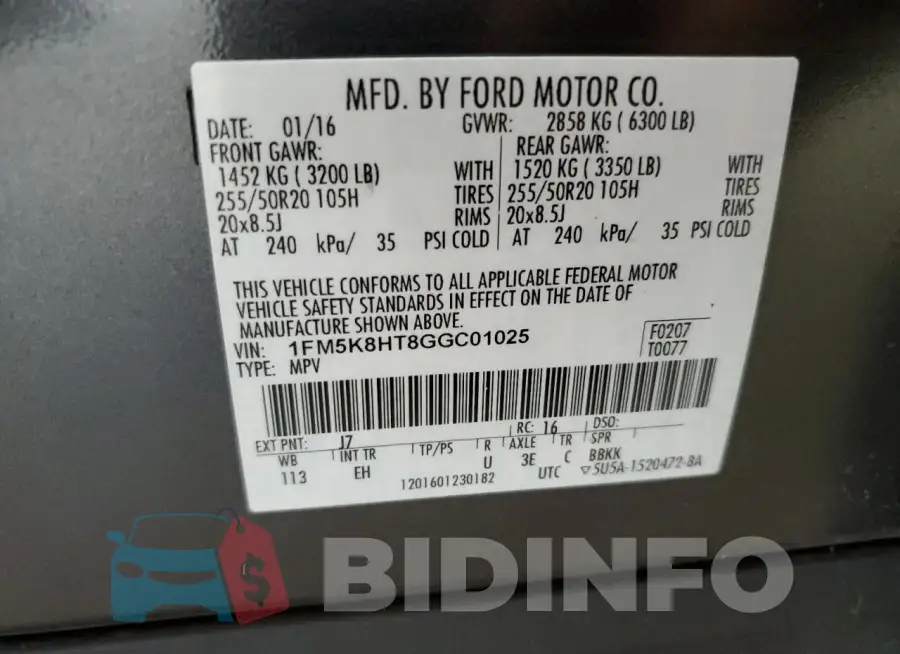 1FM5K8HT8GGC01025 Photo# 14