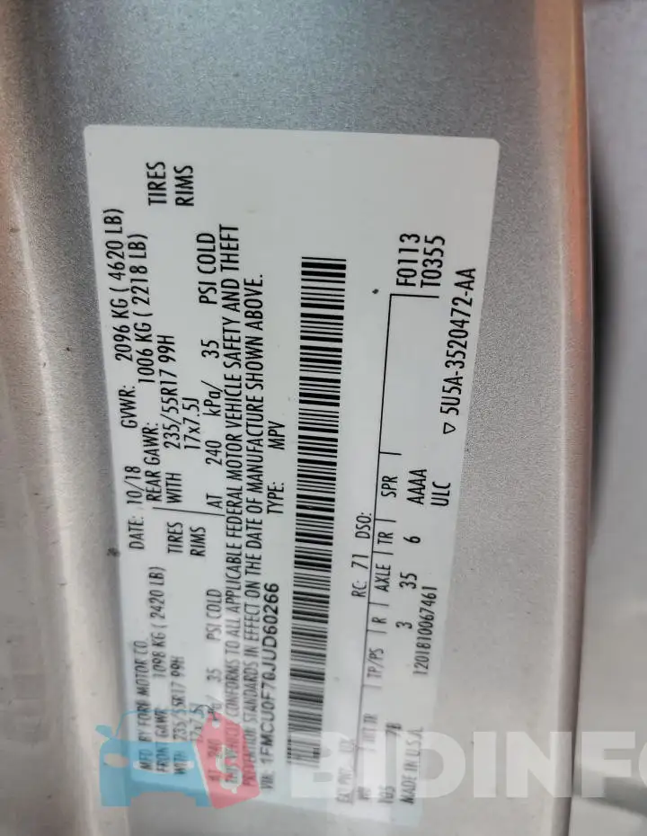 1FMCU0F70JUD60266 Photo# 13