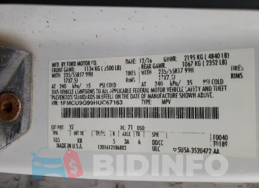 1FMCU9G99HUC67163 Photo# 13