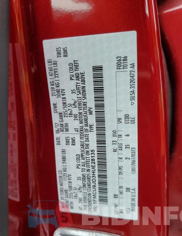1FMCU9JD3HUE28135 Photo# 13