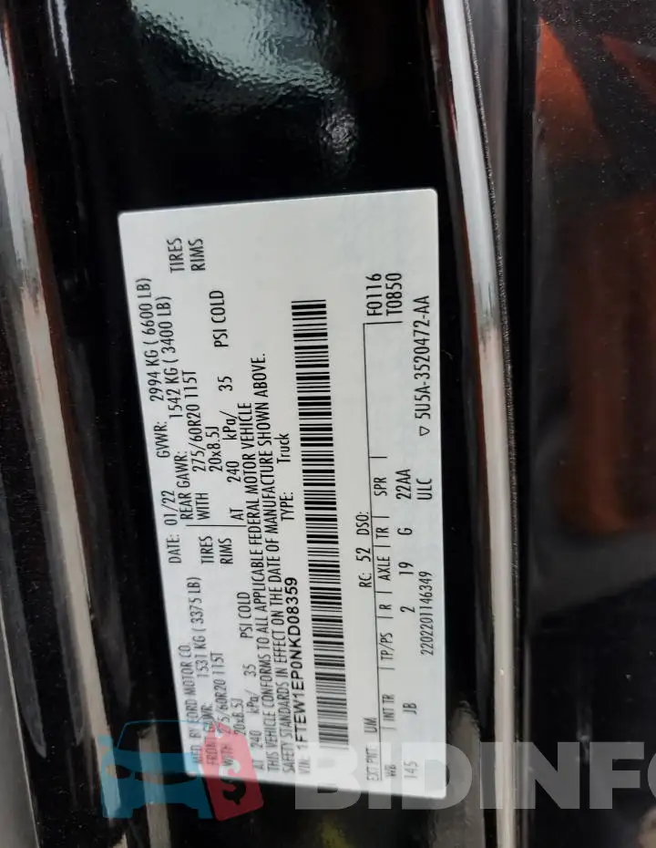 1FTEW1EP0NKD08359 Photo# 12