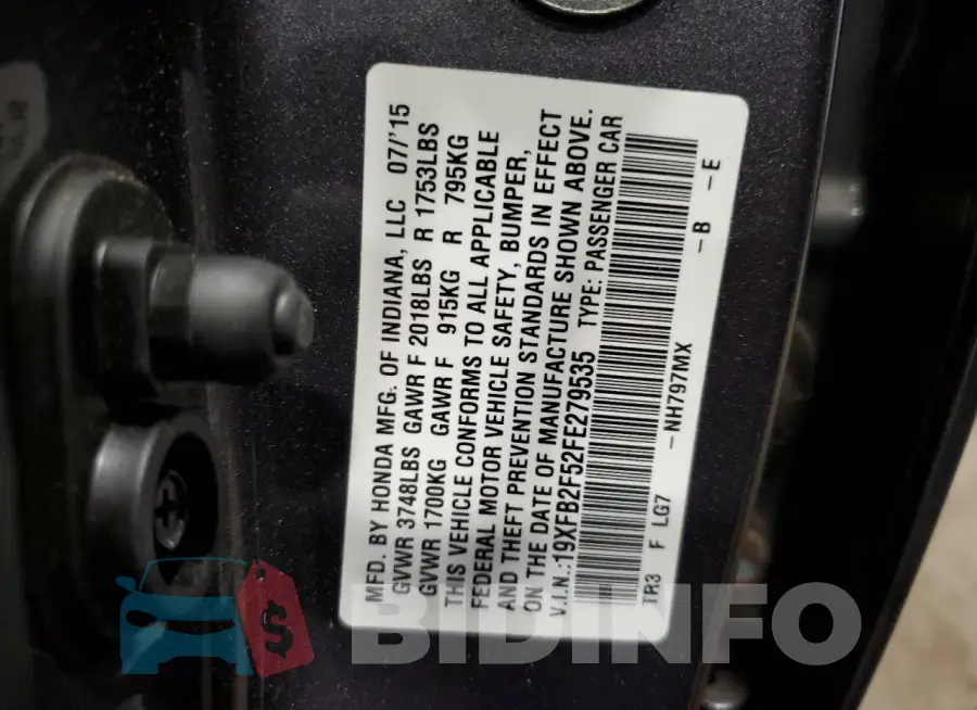 19XFB2F52FE279535 Photo# 12