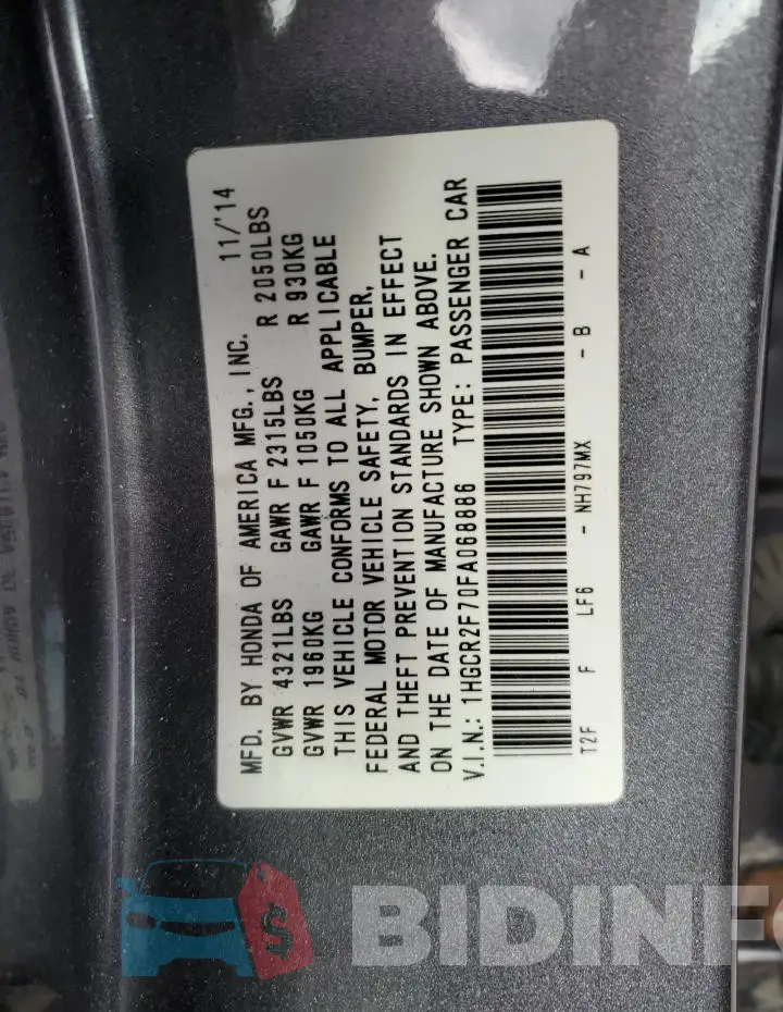 1HGCR2F70FA068886 Photo# 12