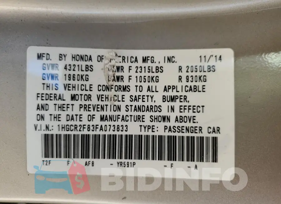 1HGCR2F83FA073833 Photo# 13