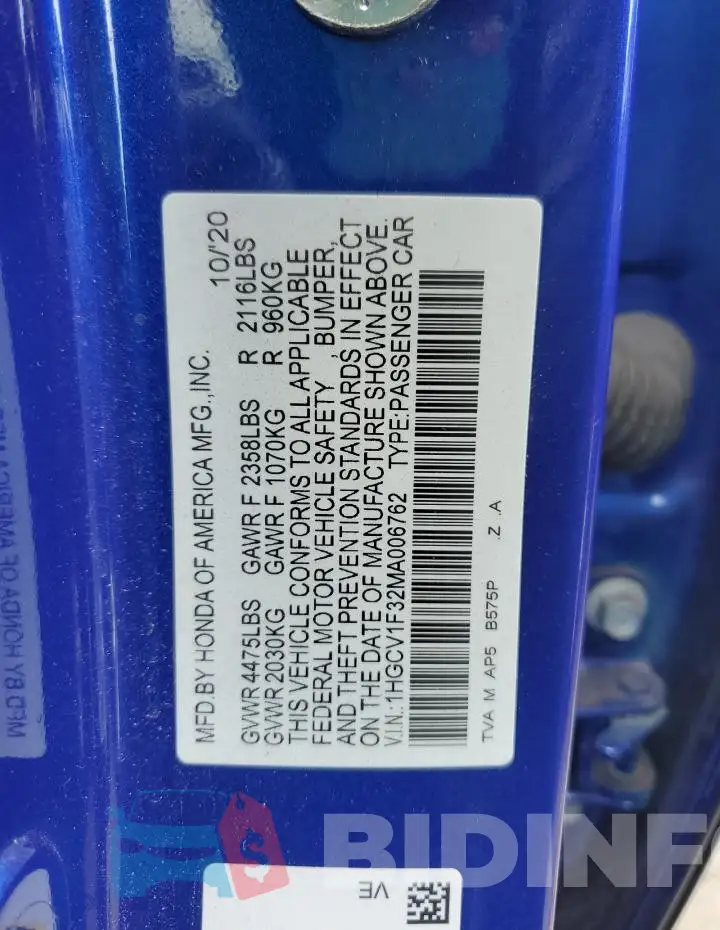 1HGCV1F32MA006762 Photo# 12
