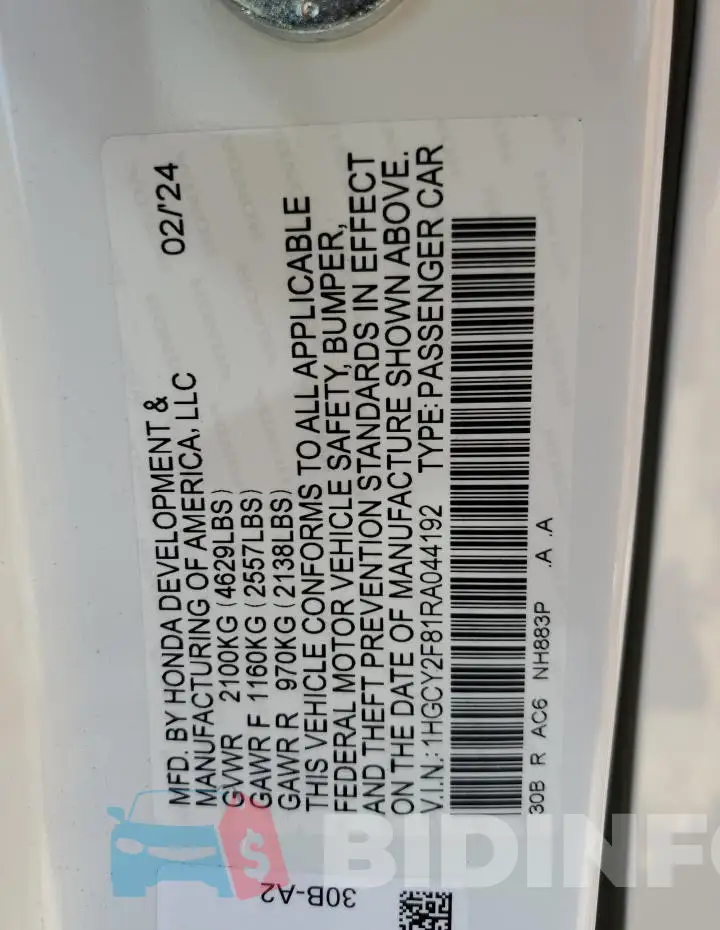 1HGCY2F81RA044192 Photo# 13