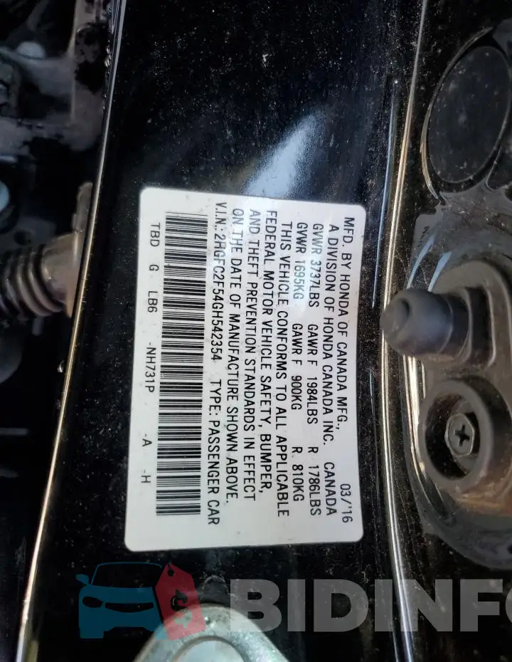 2HGFC2F54GH542354 Photo# 13