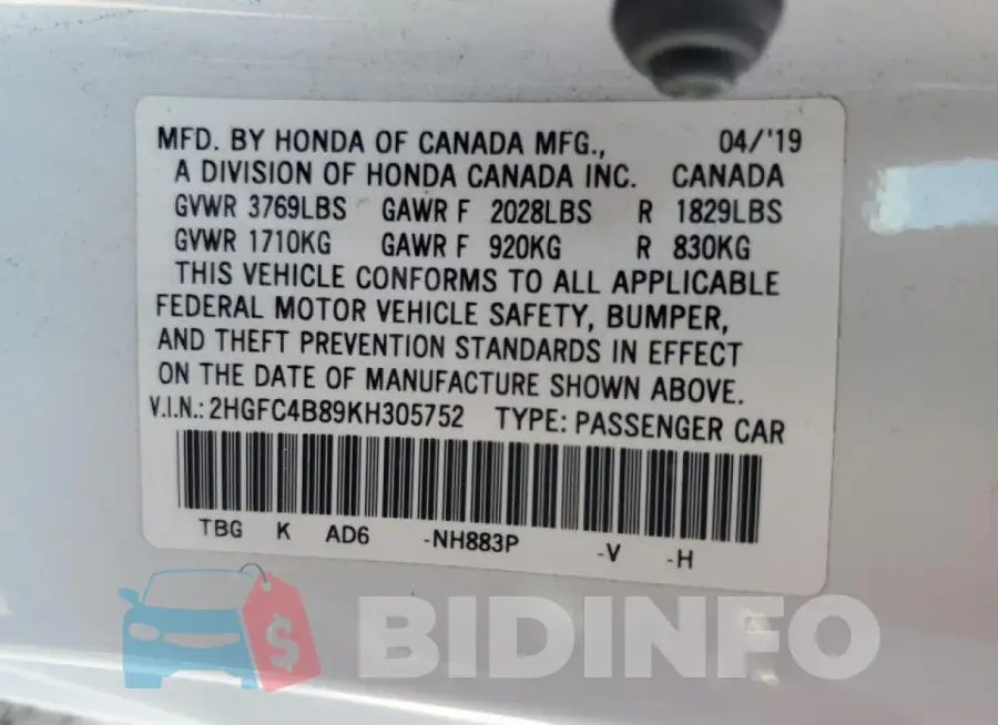 2HGFC4B89KH305752 Photo# 12