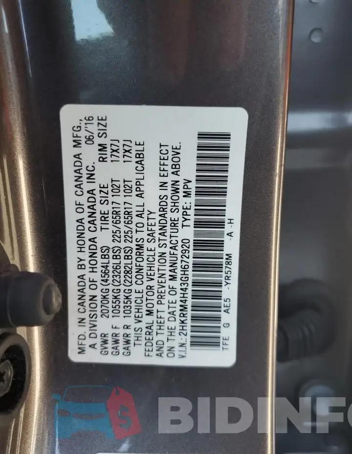 2HKRM4H43GH672920 Photo# 12