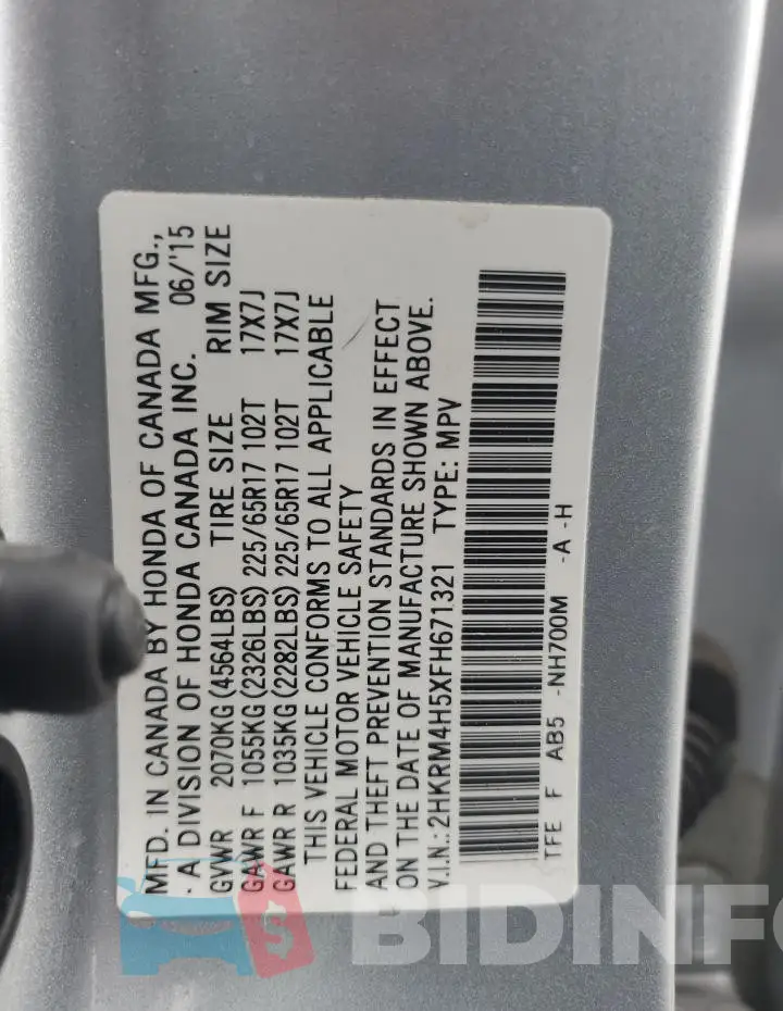 2HKRM4H5XFH671321 Photo# 13