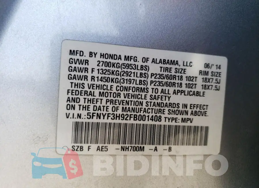 5FNYF3H92FB001408 Photo# 13