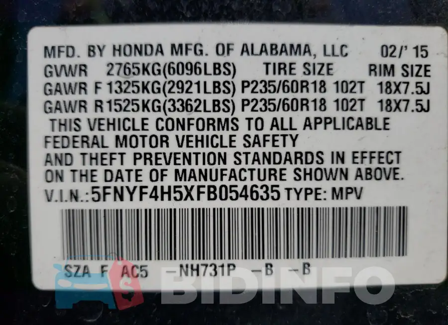5FNYF4H5XFB054635 Photo# 13