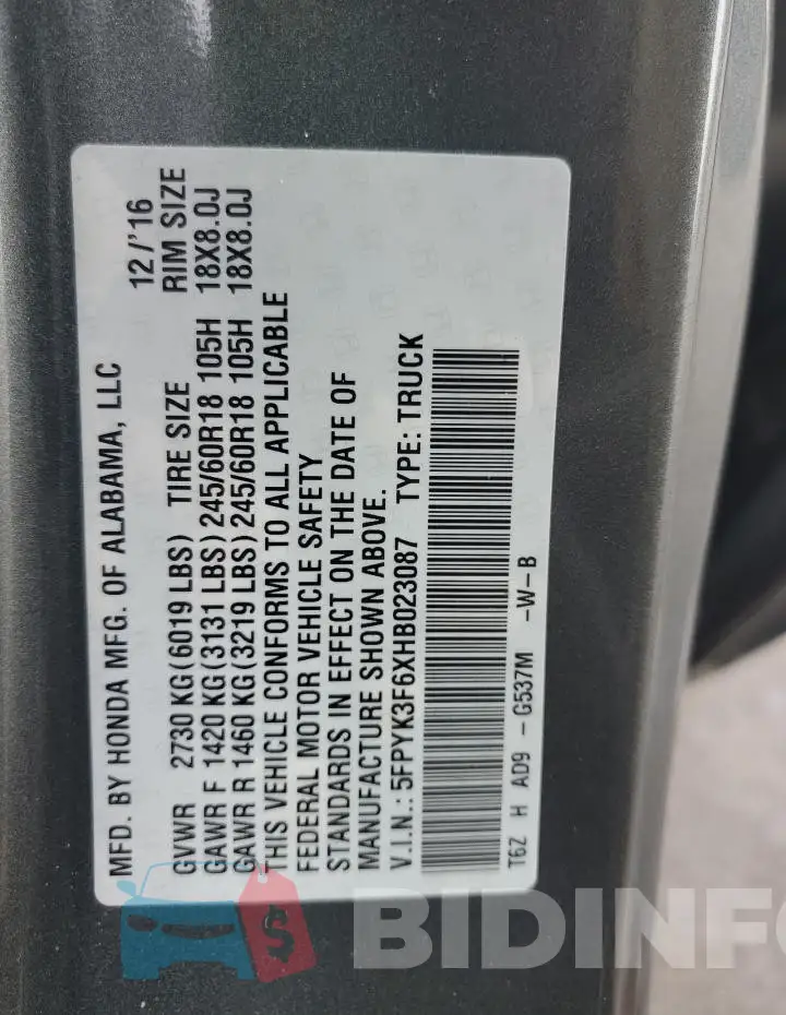 5FPYK3F6XHB023087 Photo# 12