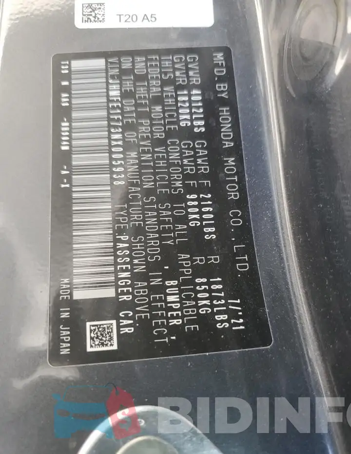 JHMFE1F73NX005938 Photo# 12