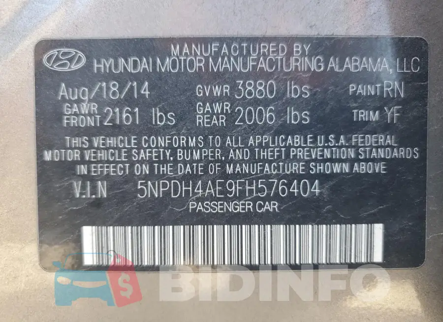 5NPDH4AE9FH576404 Photo# 12