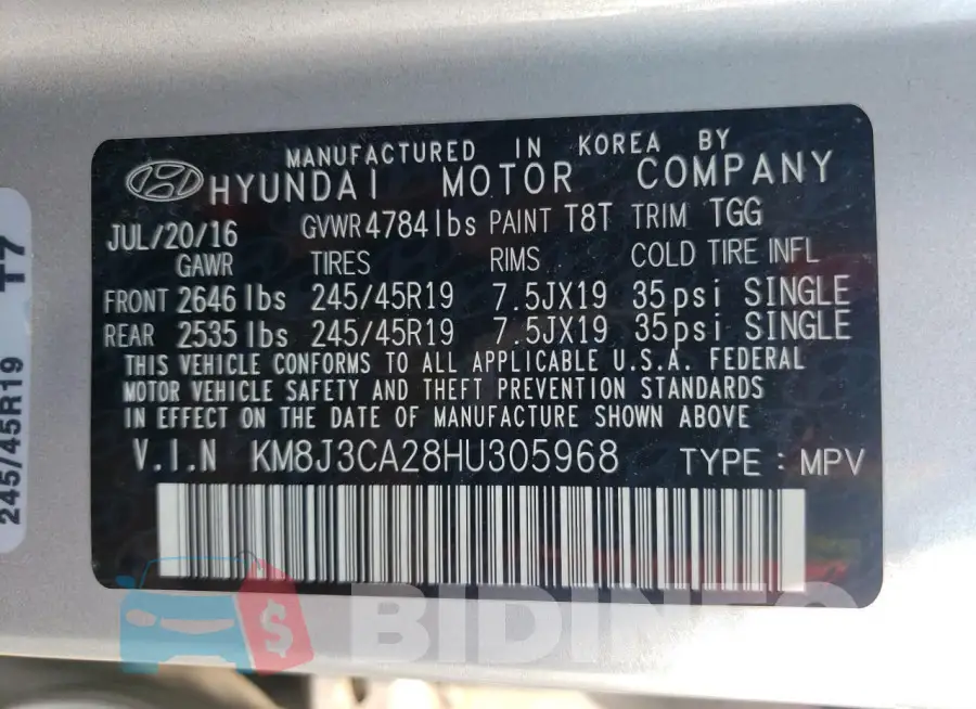 KM8J3CA28HU305968 Photo# 13