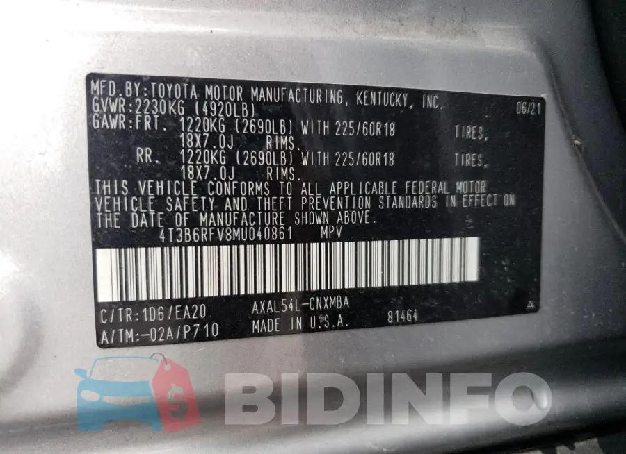 4T3B6RFV8MU040861 Photo# 14