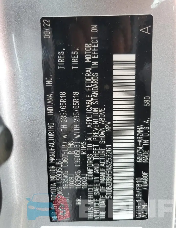 5TDBZRBH5NS253261 Photo# 13