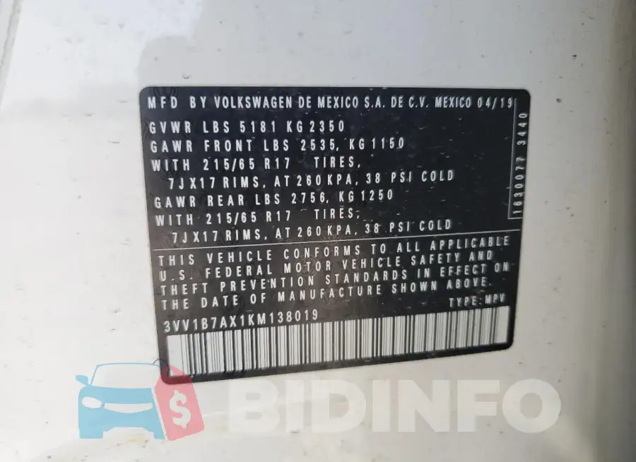 3VV1B7AX1KM138019 Photo# 13