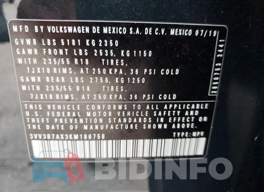 3VV3B7AX3KM186758 Photo# 13