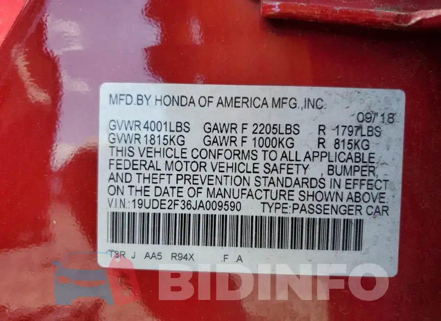 19UDE2F36JA009590 Photo# 12